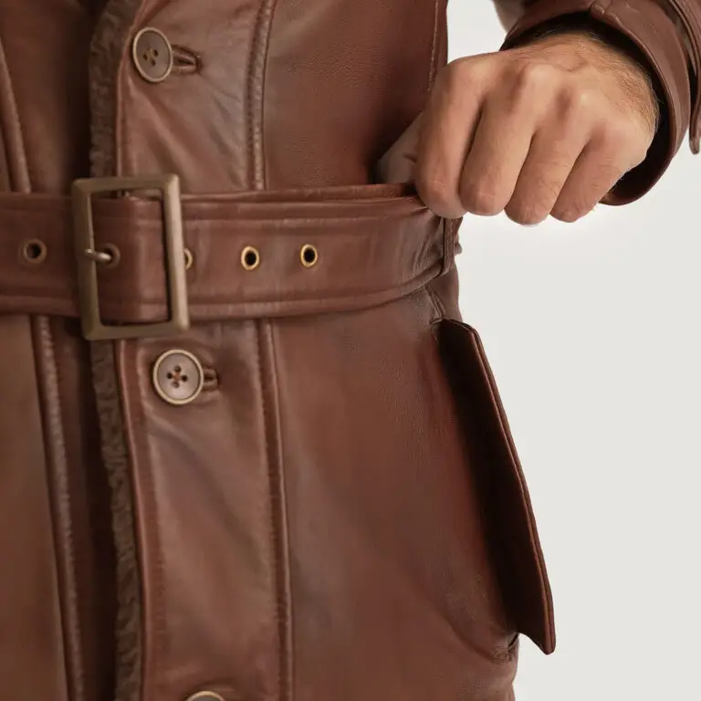 Mens Hunter Distressed Brown Fur Leather Coat Close-Up-9-1701087309955